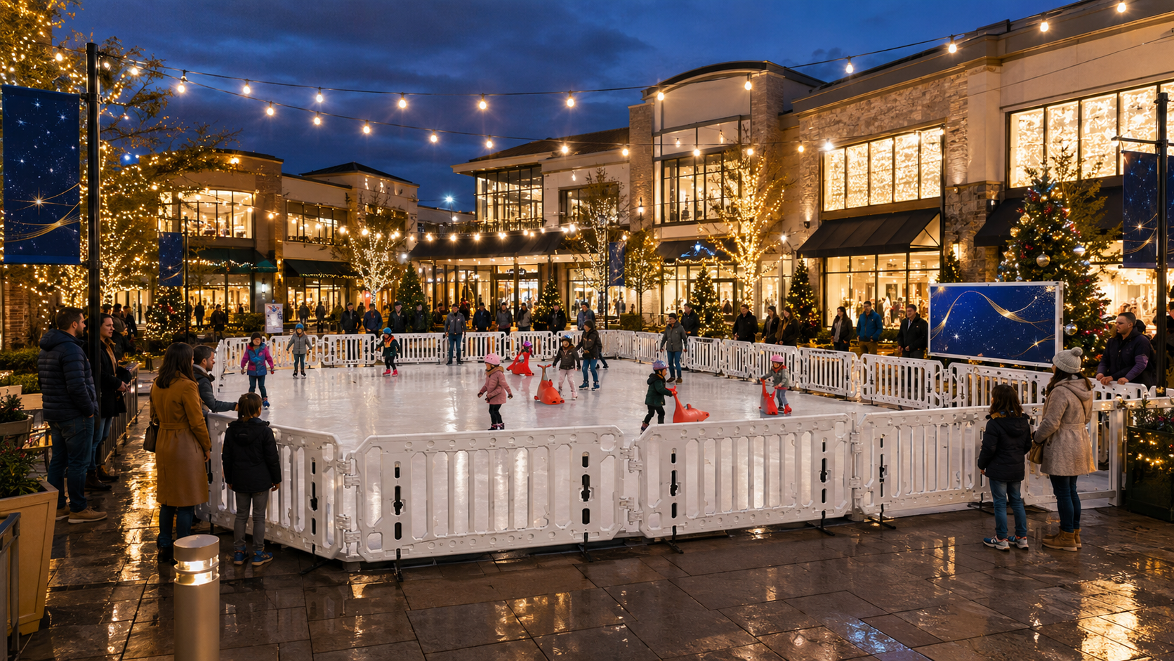 Families and children skating on a portable ice rink at an outdoor holiday shopping center
