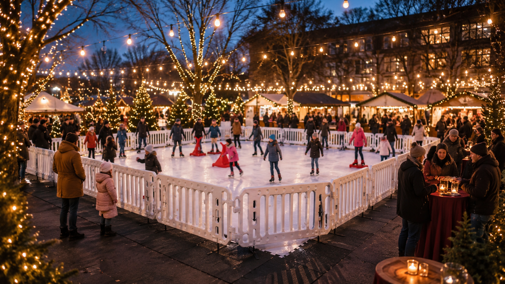 Guests skating on a festive outdoor ice rink surrounded by holiday lights at a winter festival