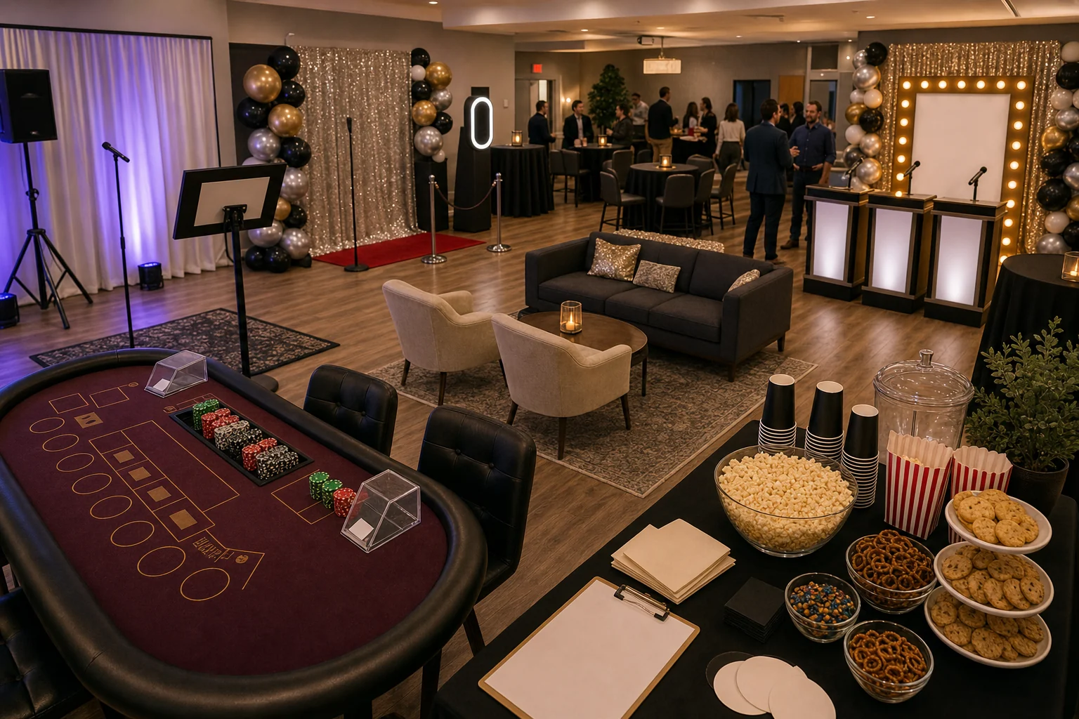 Adult birthday layout with casino table, karaoke station, photo booth, game show area, snack table, seating, and walking paths