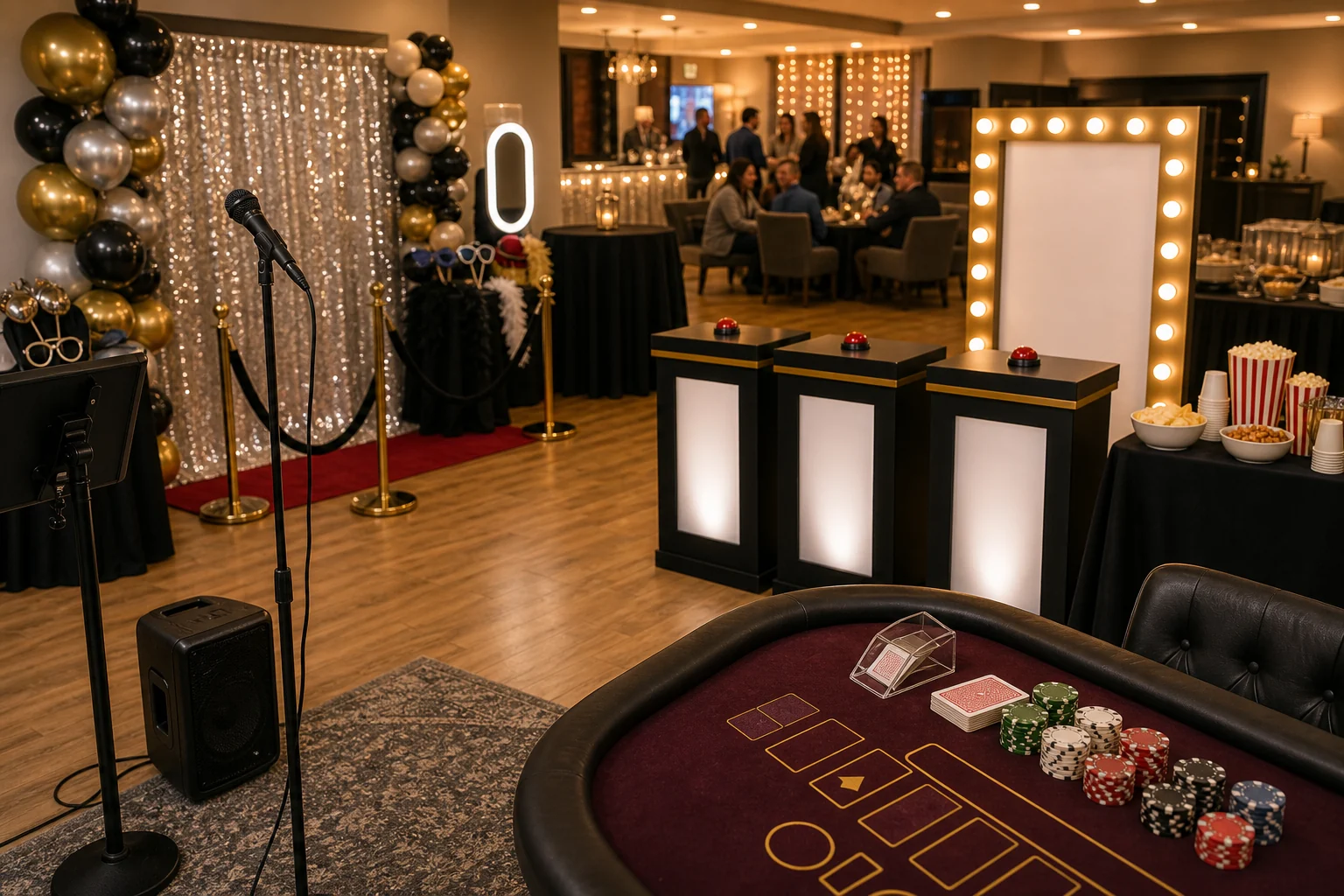 Adult birthday feature with karaoke microphone, game show station, photo booth backdrop, casino table, props, and snack cups