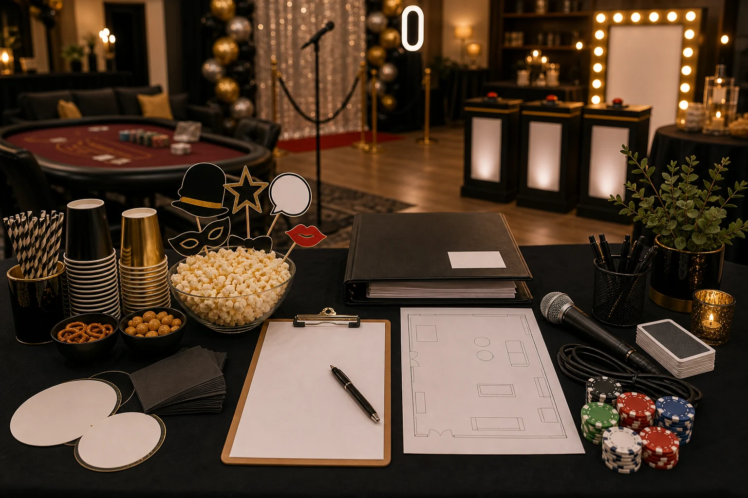 Adult birthday quote planning materials with blank checklist, room layout sketch, microphone, unmarked chips, blank props, folder, and pen