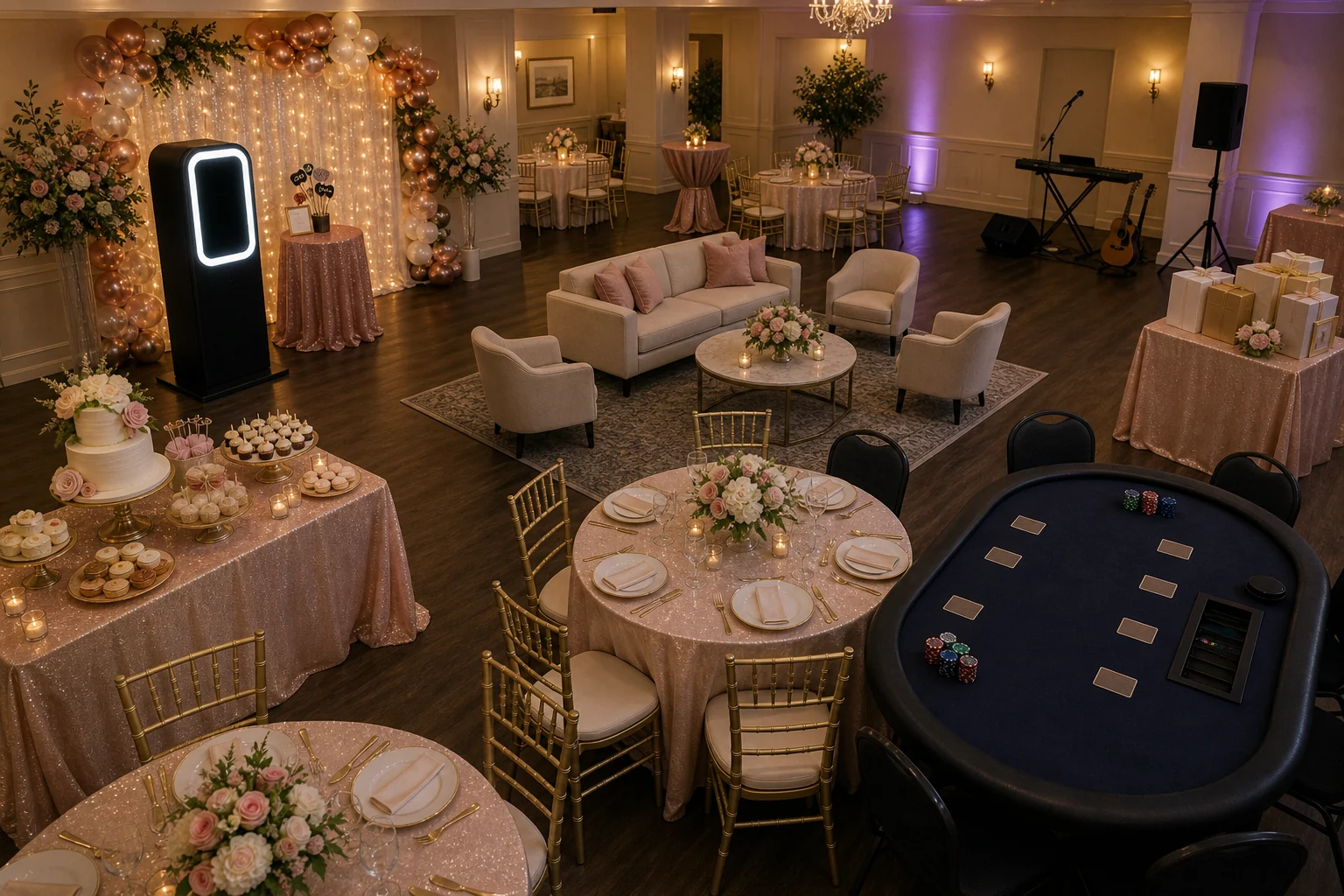 Anniversary party layout with photo booth, dessert station, elegant seating, lounge game table, live entertainment corner, memory table, and walking paths