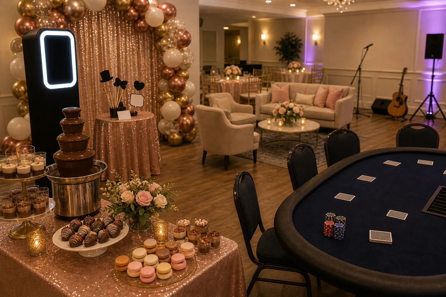 Anniversary party feature with photo booth backdrop, dessert display, lounge game table, microphone, floral accents, and seating