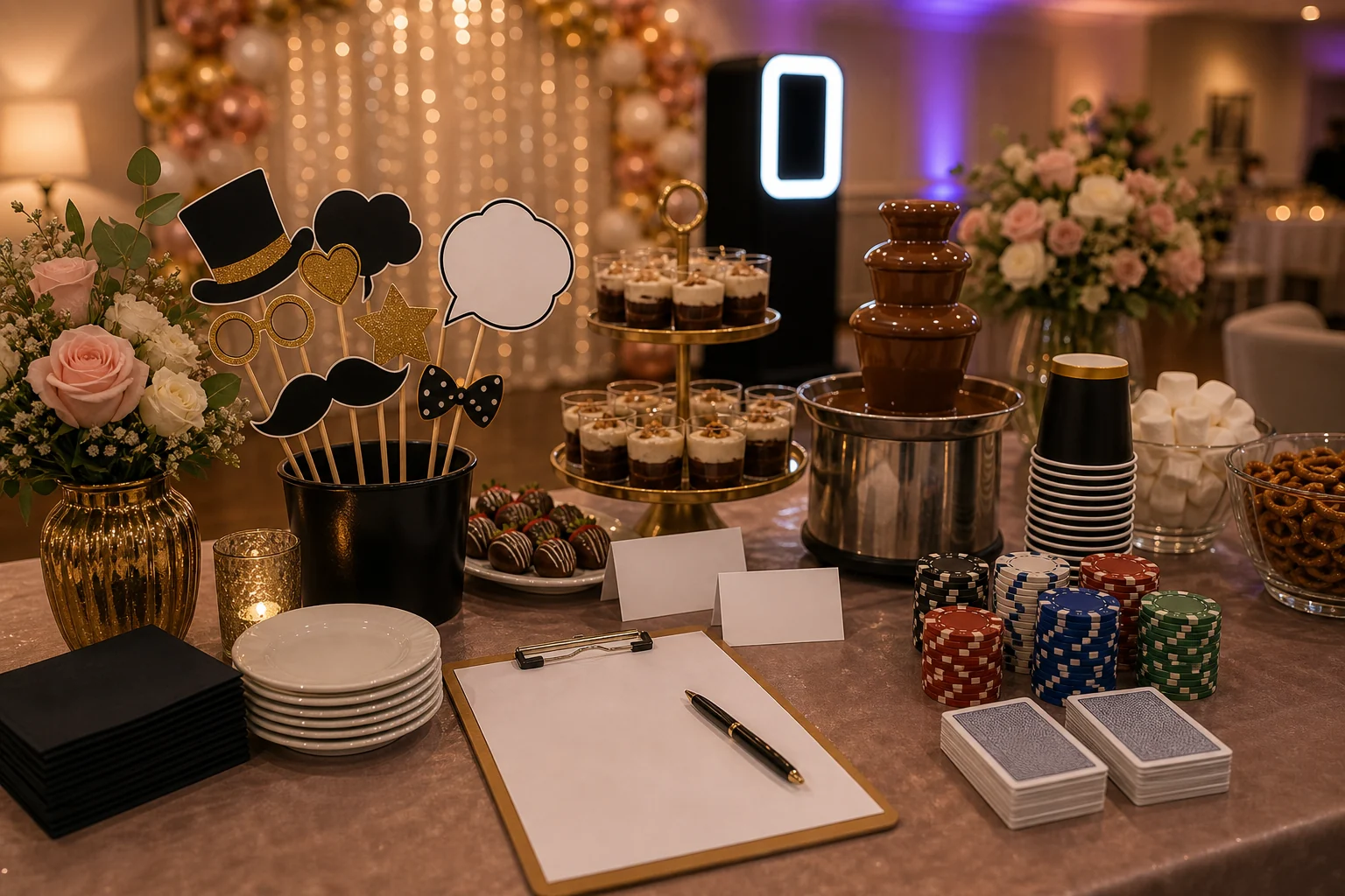 Anniversary party detail with blank photo props, floral accents, dessert cups, unbranded chips, face-down cards, blank clipboard, and pen