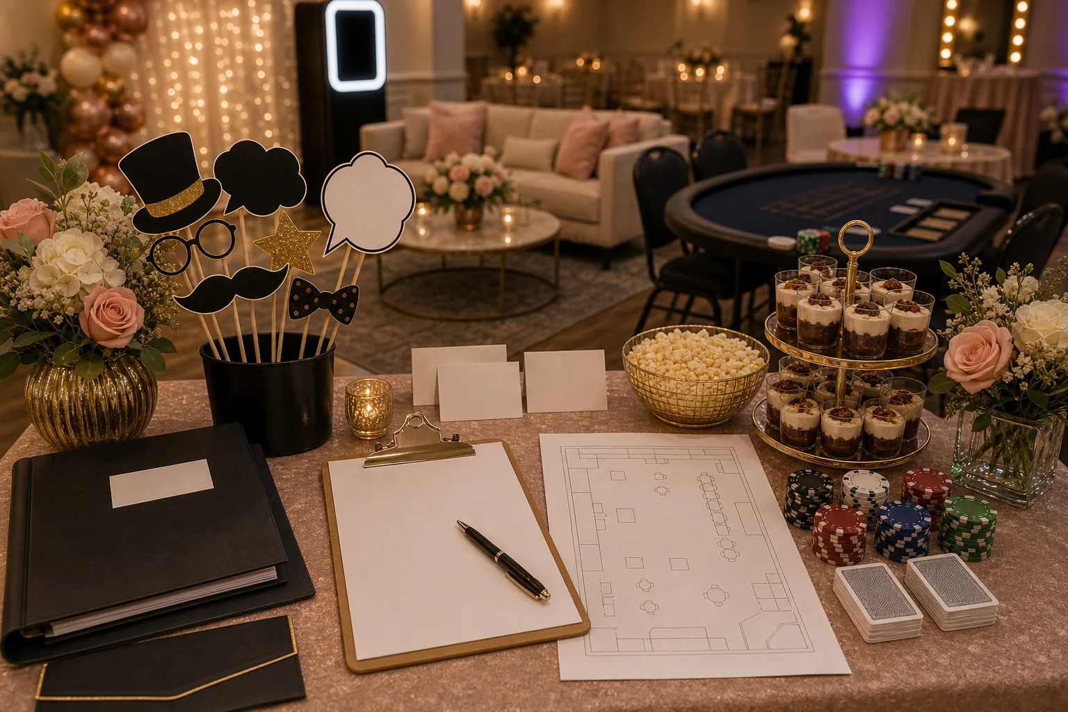 Anniversary party quote planning materials with blank checklist, room layout sketch, photo props, floral accents, dessert cups, unbranded chips, and pen