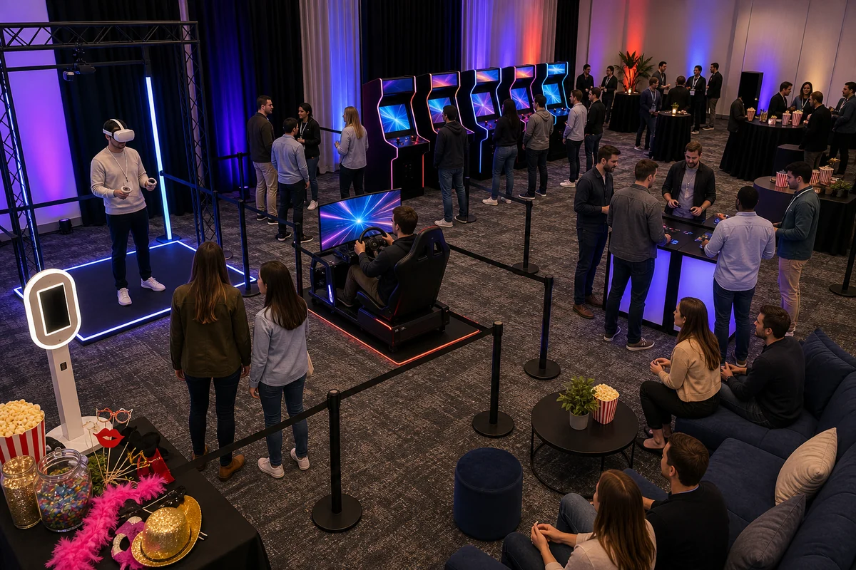 Arcade and VR event layout with VR station, racing simulator, arcade cabinets, queue lanes, spectator seating, and snack area