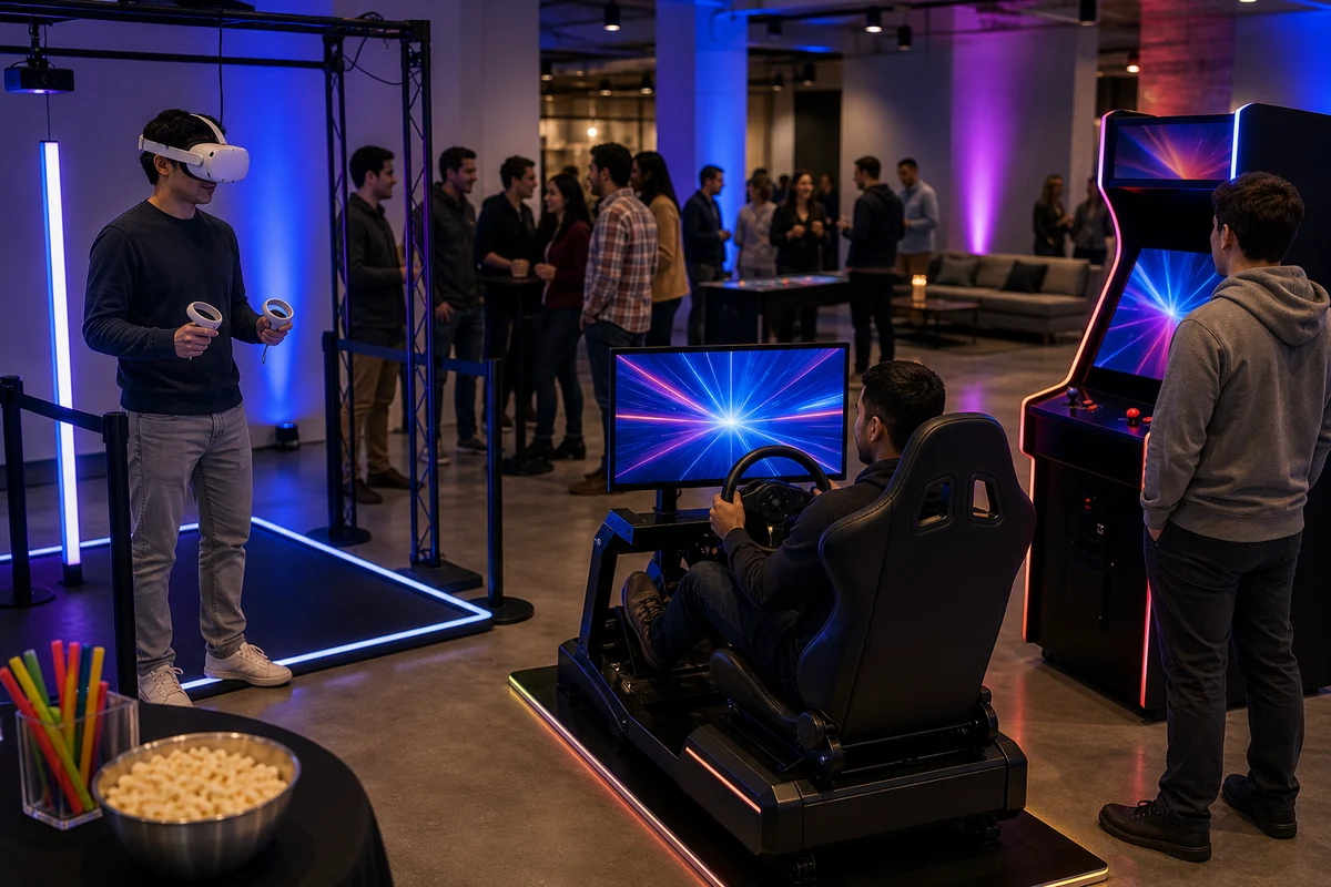 Arcade and VR rental feature with VR headset station, racing simulator, and abstract game screens
