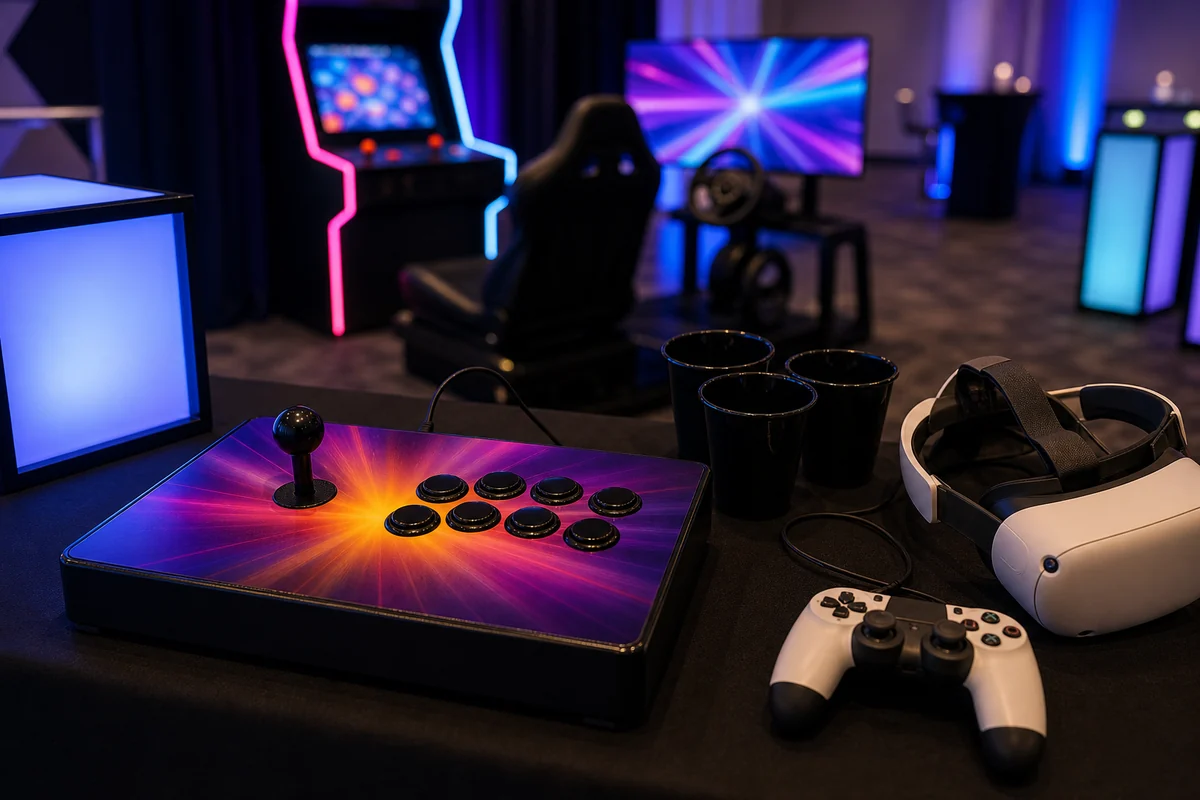 Arcade controller and VR game station detail with joystick, headset cable, token cups, and abstract screens
