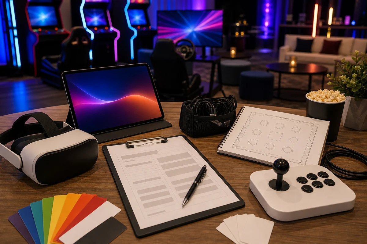 Arcade and VR rental quote checklist with VR headset, joystick controller, blank layout sketch, and planning materials