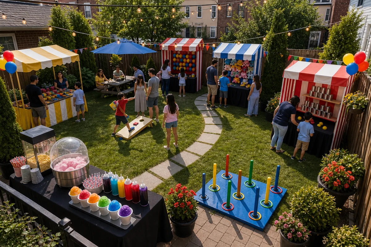 Compact backyard carnival layout with booth games, concessions, prizes, seating, and walking path