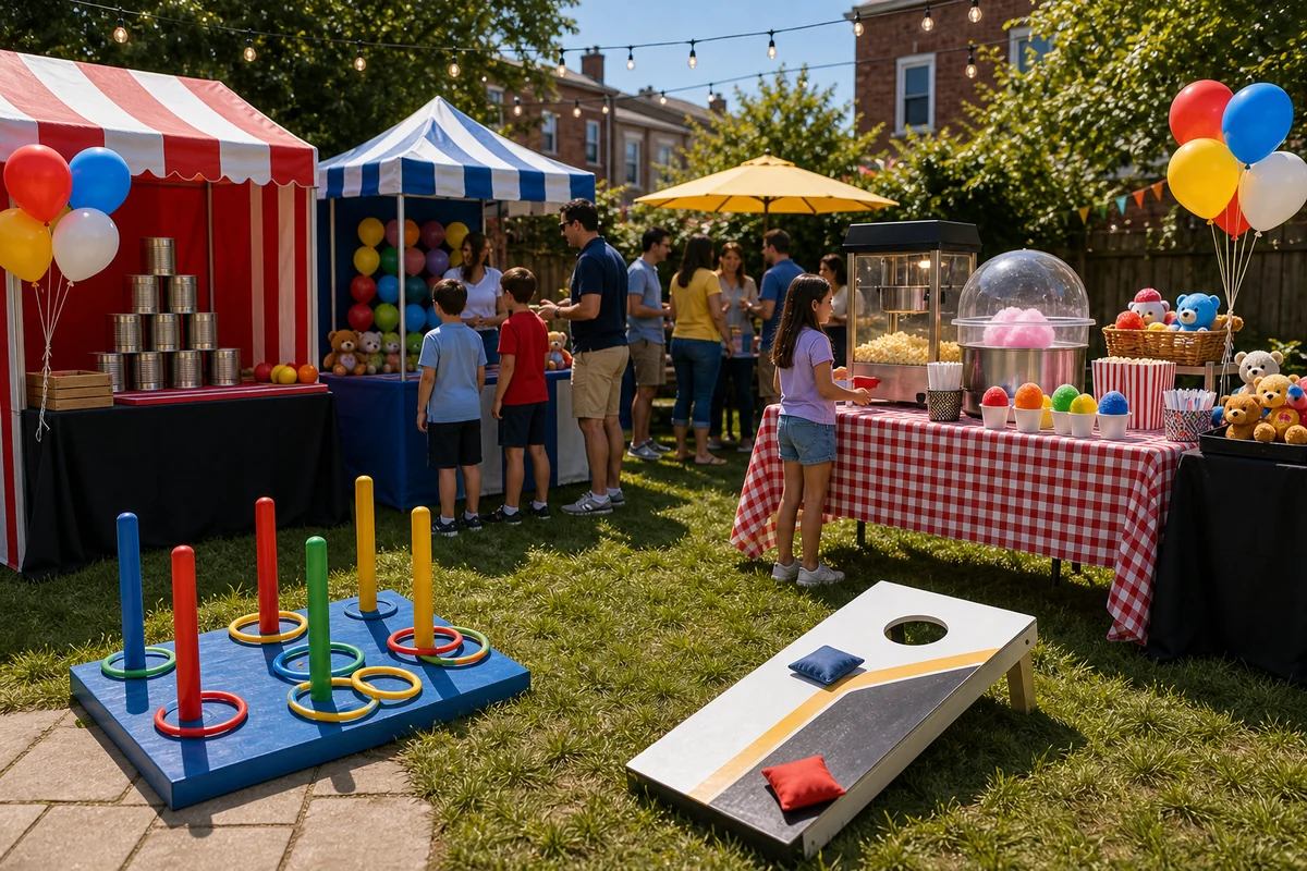 Backyard carnival games with ring toss, can smash, bean bag toss, and concession table