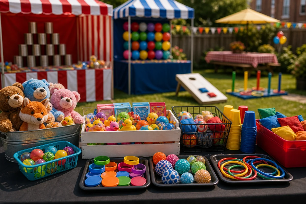 Backyard carnival prize station with toys, blank tokens, rings, bean bags, and colorful trays