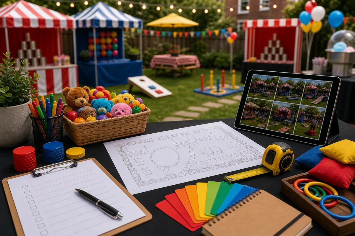 Backyard carnival rental quote checklist with layout sketch, game tokens, and planning materials