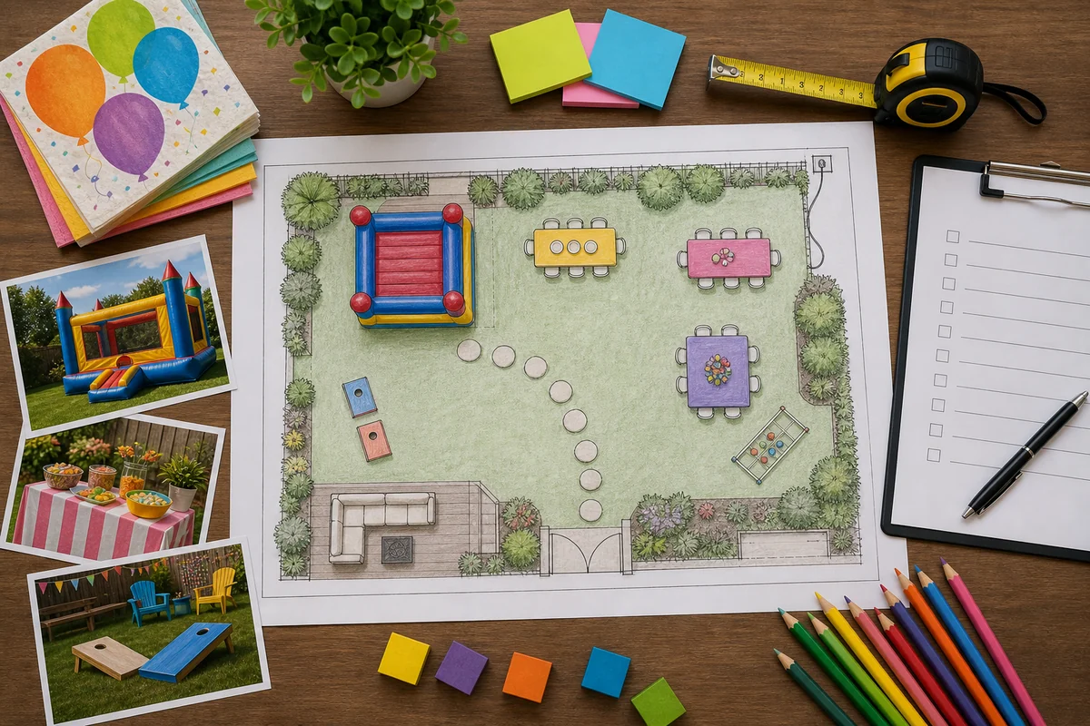 Backyard birthday party rental layout planning with bounce house and snack zones