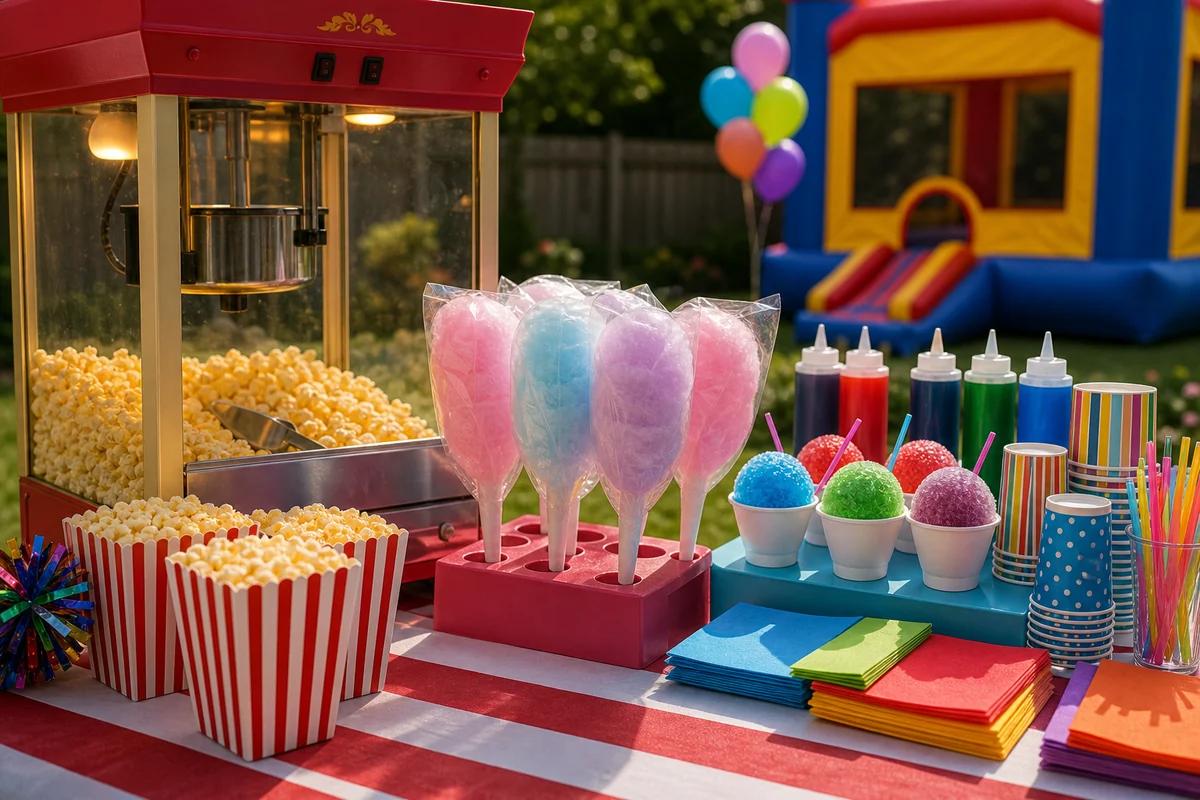 Birthday party concession station with popcorn, cotton candy, and snow cones