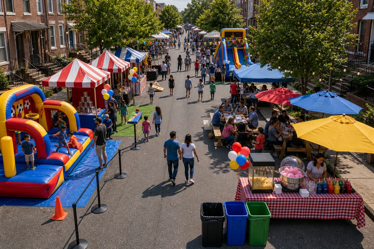 Philadelphia block party layout with inflatable games, carnival booths, concessions, seating, and walking lanes