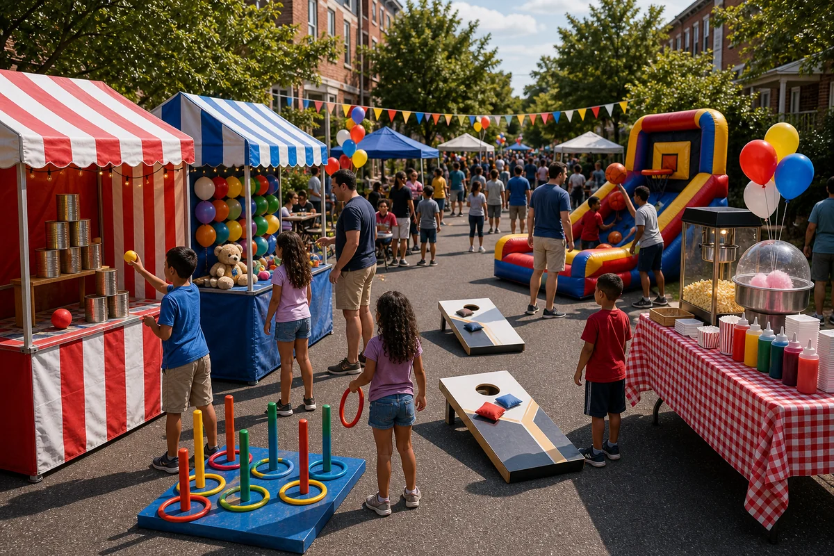 Block party carnival games and inflatable game rentals for a Philadelphia neighborhood event
