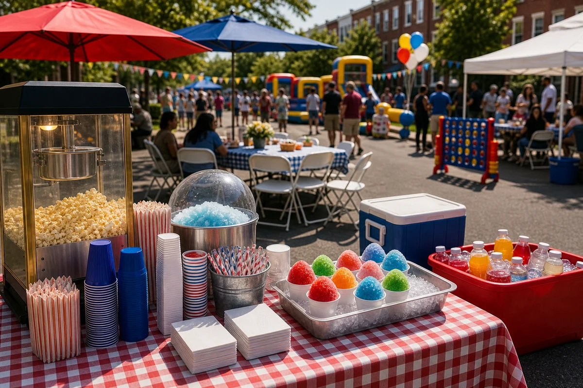 Block party concession table and shaded seating detail with games in the background