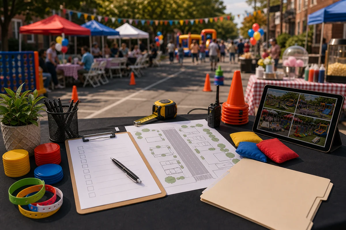 Block party rental quote checklist with street layout sketch and planning materials