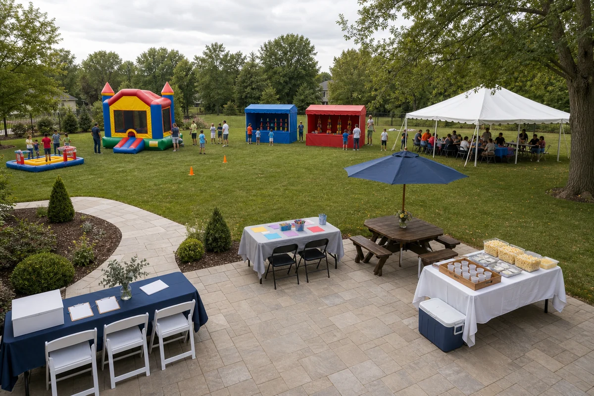 Bucks County party rental layout with bounce zone, carnival booths, snack table, craft station, shaded seating, and clear walking paths