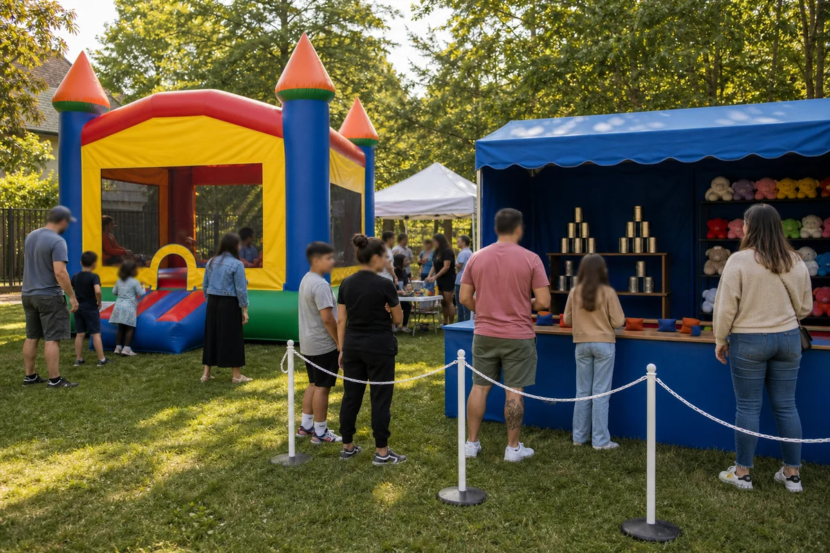 Bucks County event feature with bounce house, carnival game booth, prize area, and simple queue space