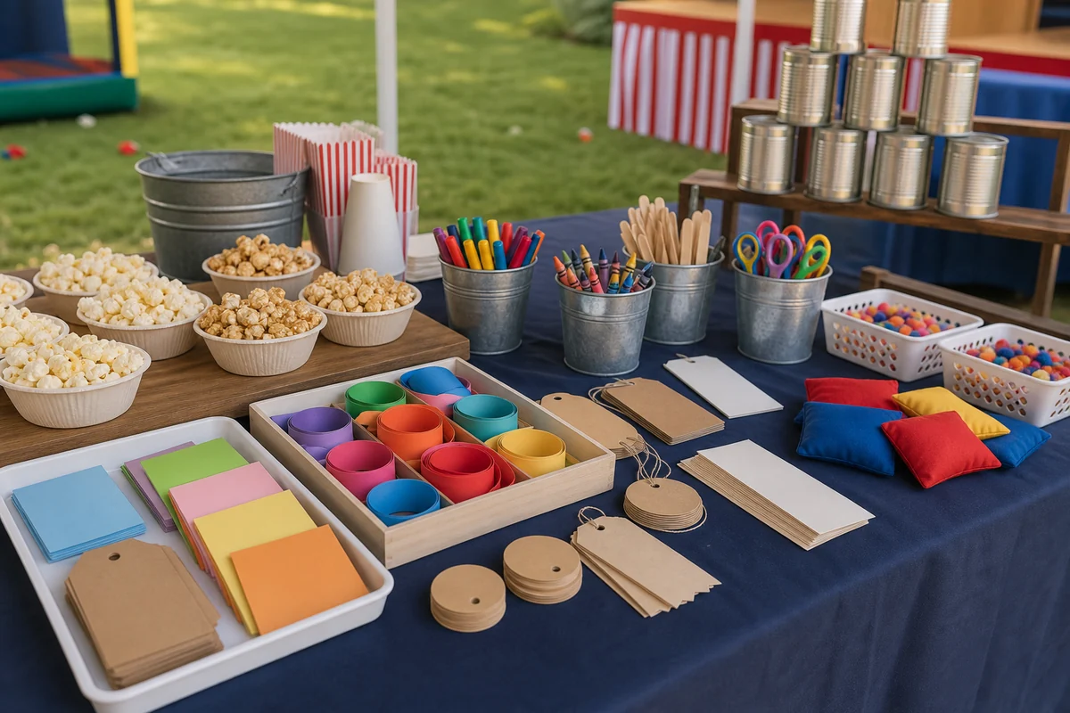 Bucks County party detail with concession bowls, craft supplies, blank activity cards, wristbands, and carnival game pieces