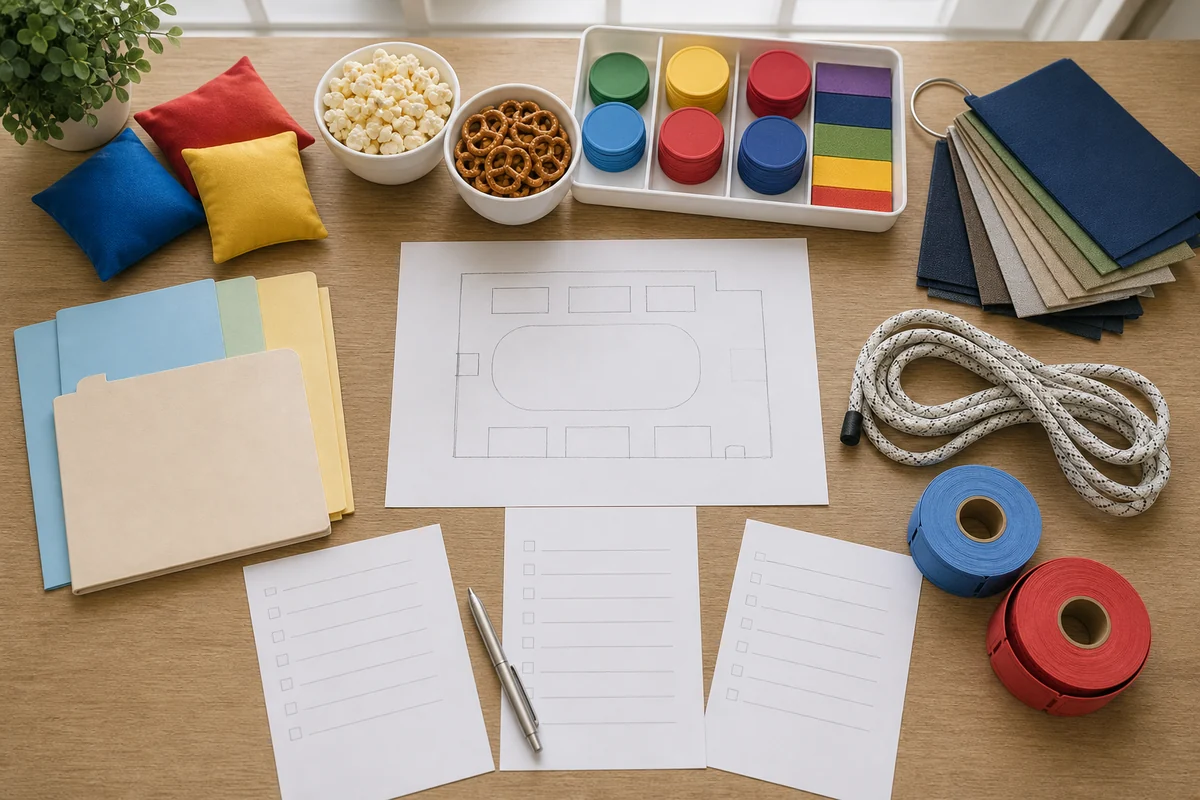 Bucks County party rental quote planning materials with blank layout sketch, event folders, beanbags, craft supplies, and planning tools