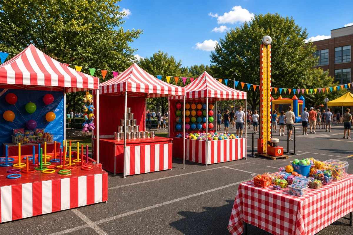 Carnival game rental midway with ring toss, can smash, high striker, and prize table