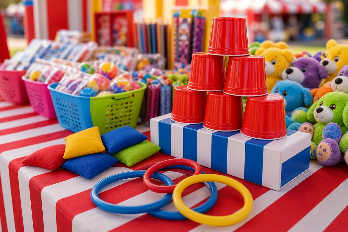 Fast-turn carnival game detail with rings, cups, bean bags, and prizes