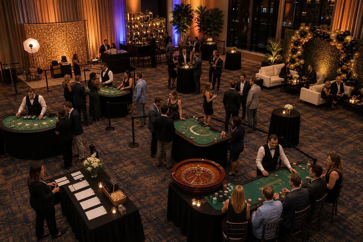 Casino party rental layout with casino tables, photo booth, lounge seating, and walking lanes