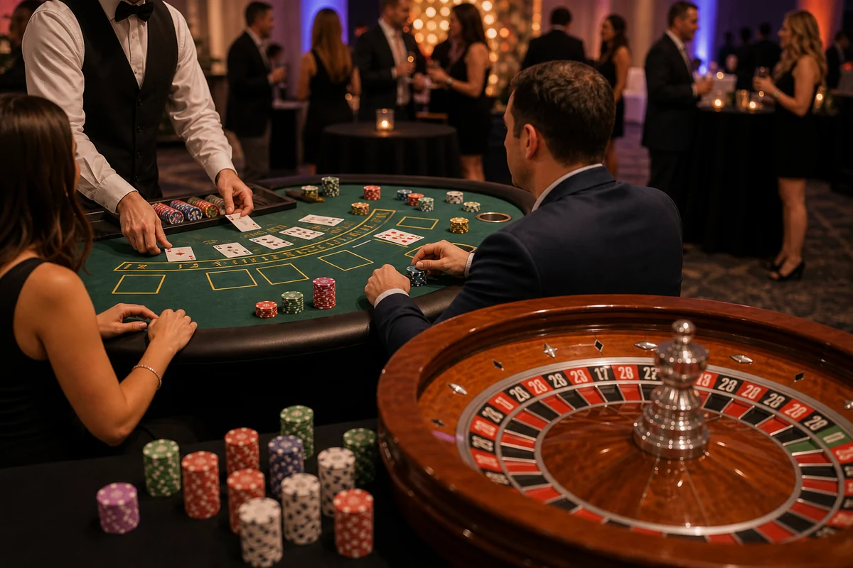 Blackjack and roulette casino party rental tables at a Philadelphia event