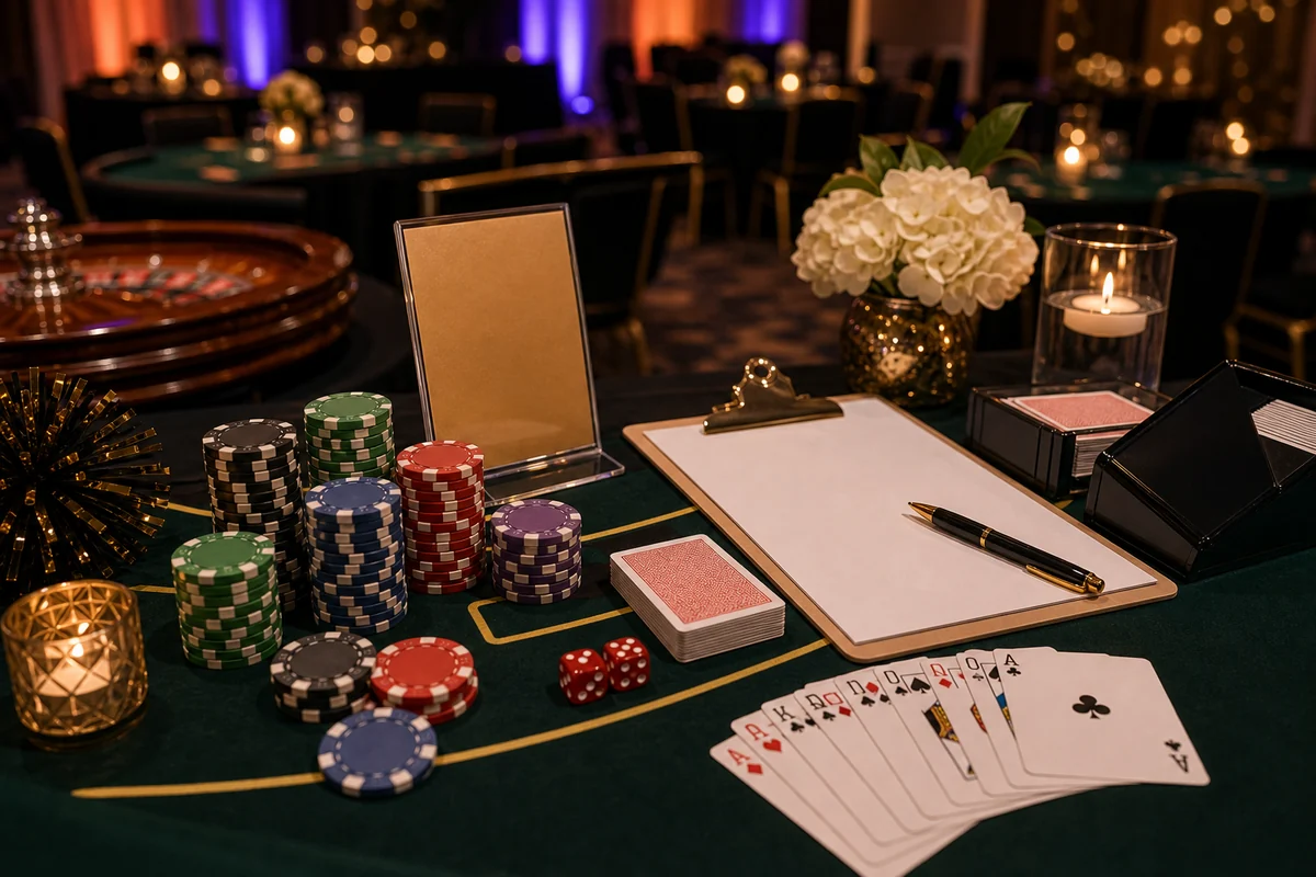 Casino party chips, cards, blank planning materials, and event table detail