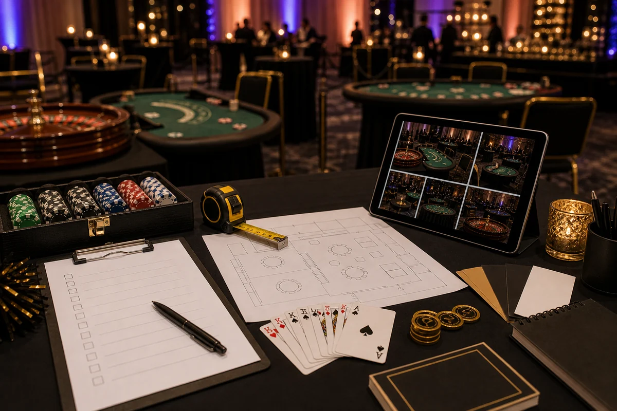 Casino party rental quote checklist with room layout, chips, cards, and planning materials