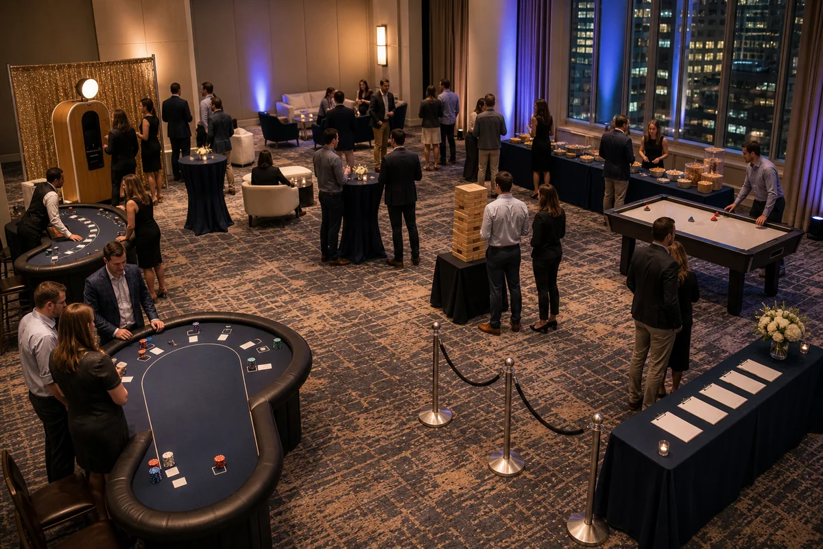 Center City event rental layout with casino lounge, photo booth corner, interactive game station, registration table, cocktail seating, and walking paths