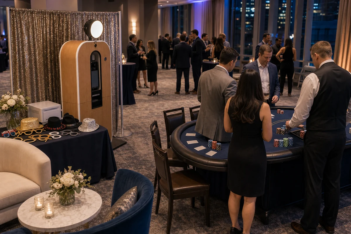 Center City event feature with photo booth, blank casino-style table, unmarked chips, props, and polished event lighting