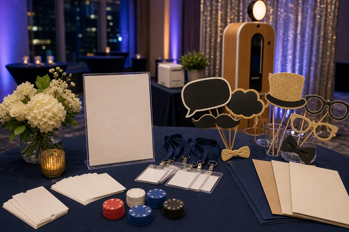 Center City activation detail with blank signage, photo booth props, blank cards, unmarked chips, folders, and polished event materials