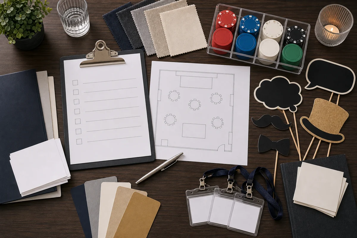 Center City event rental quote planning materials with blank checklist, ballroom layout sketch, activation props, folders, and unmarked chips