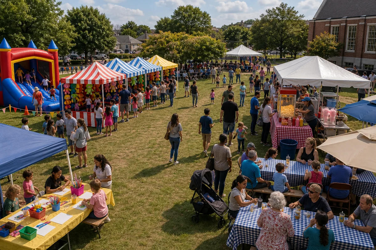 Church and community event layout with kids zone, carnival games, concessions, crafts, seating, and walking lanes