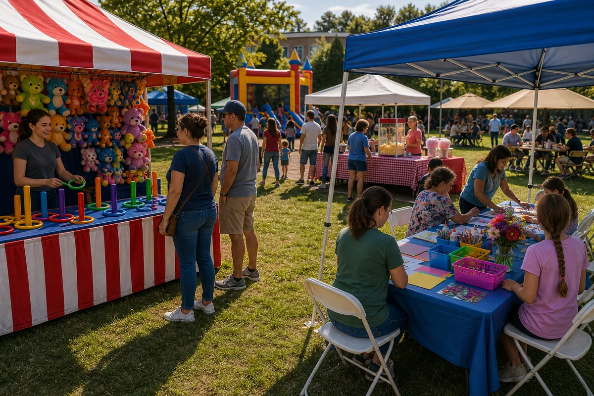 Community event carnival booth and craft station with families participating from a wider distance