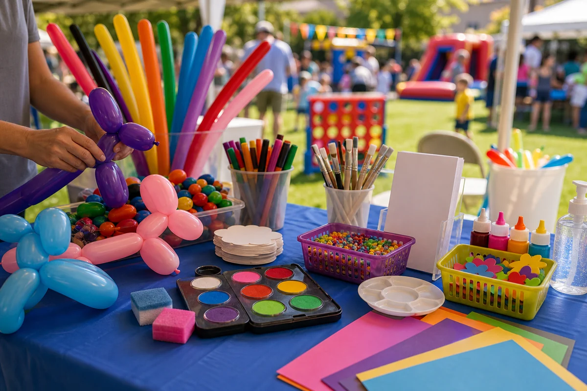 Community event craft station detail with balloons, face paint supplies, markers, beads, and blank craft cards