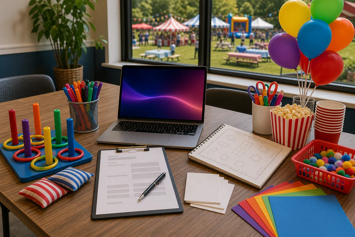 Community event rental quote checklist with carnival games, craft supplies, concessions, balloons, and layout planning materials