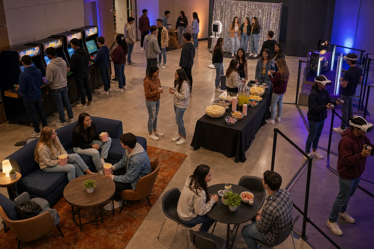 College event rental layout with arcade, VR, photo booth, snack station, lounge seating, and walkways