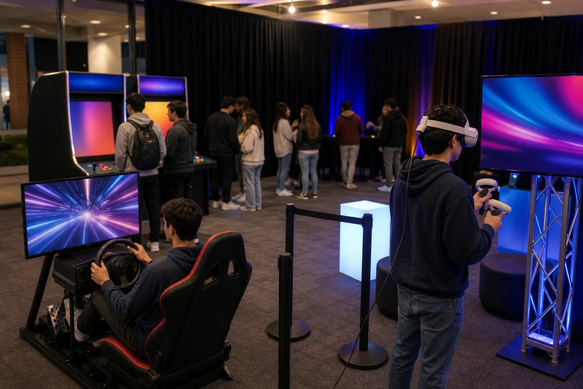 College event arcade and VR rental feature with racing simulator and game stations