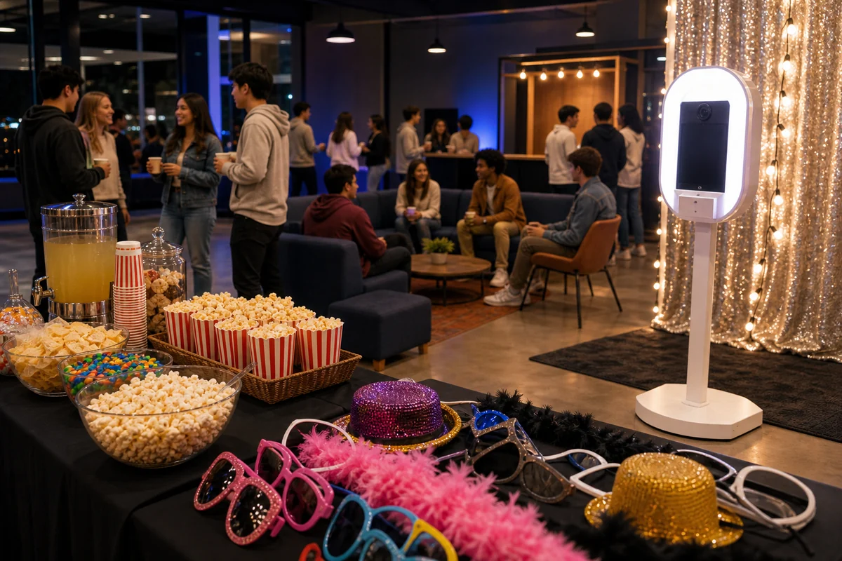 College event photo booth and late-night snack detail with lounge seating