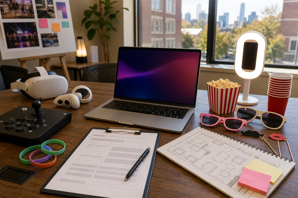 College event rental quote checklist with arcade, VR, photo booth, snack, and campus planning materials