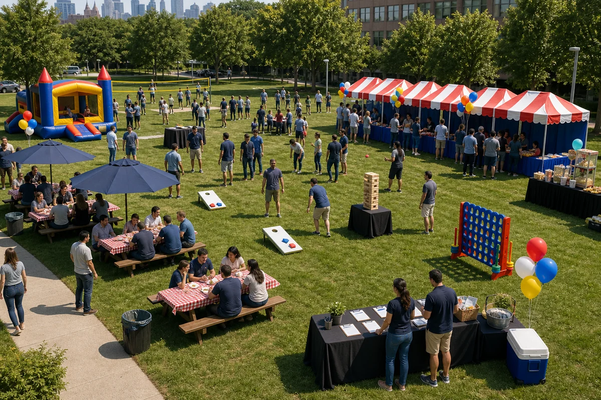 Company picnic rental layout with field games, carnival booths, concessions, and seating