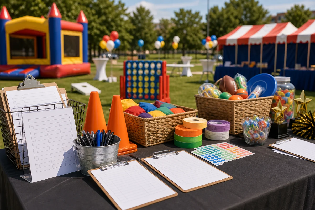 Company picnic scorecards, cones, game props, and prize station planning detail