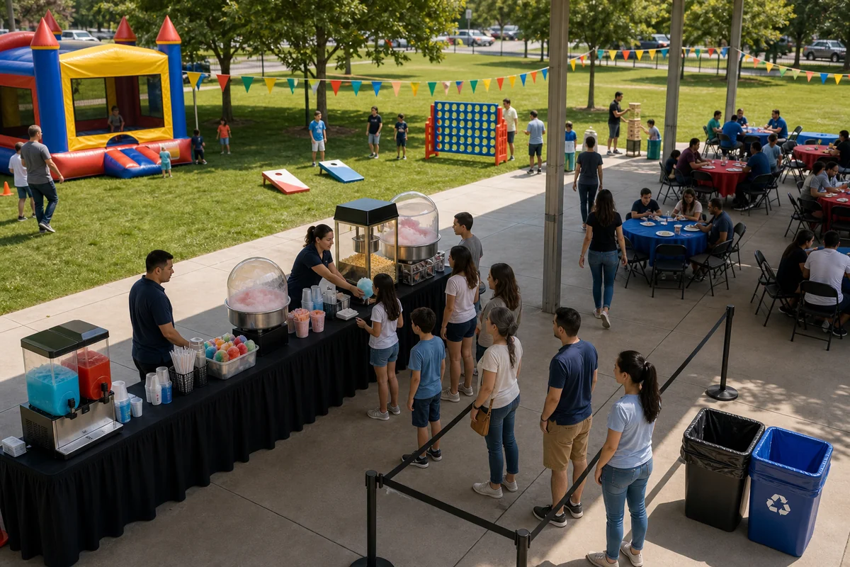 Concession machine rental layout with queue area, seating, games, and walking lanes
