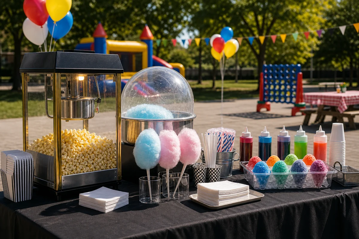 Popcorn, cotton candy, and snow cone concession machine rental station