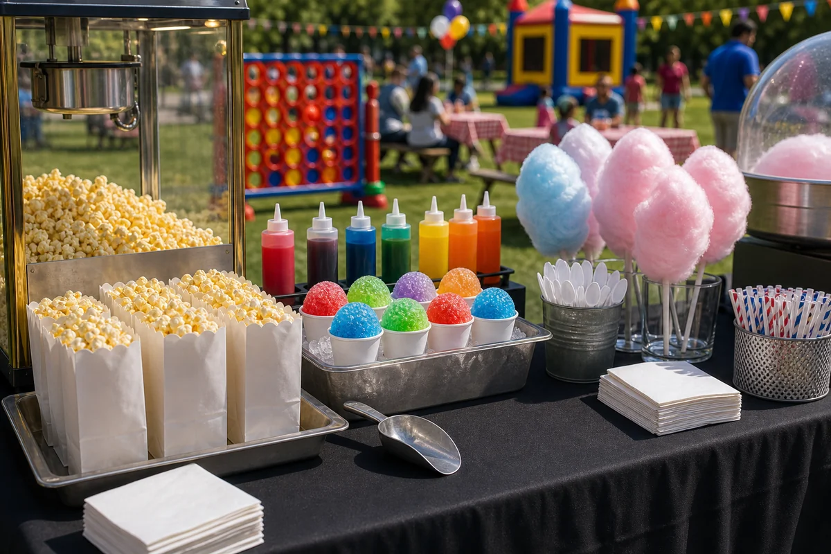 Concession machine serving supplies with popcorn bags, snow cone cups, cotton candy cones, and napkins